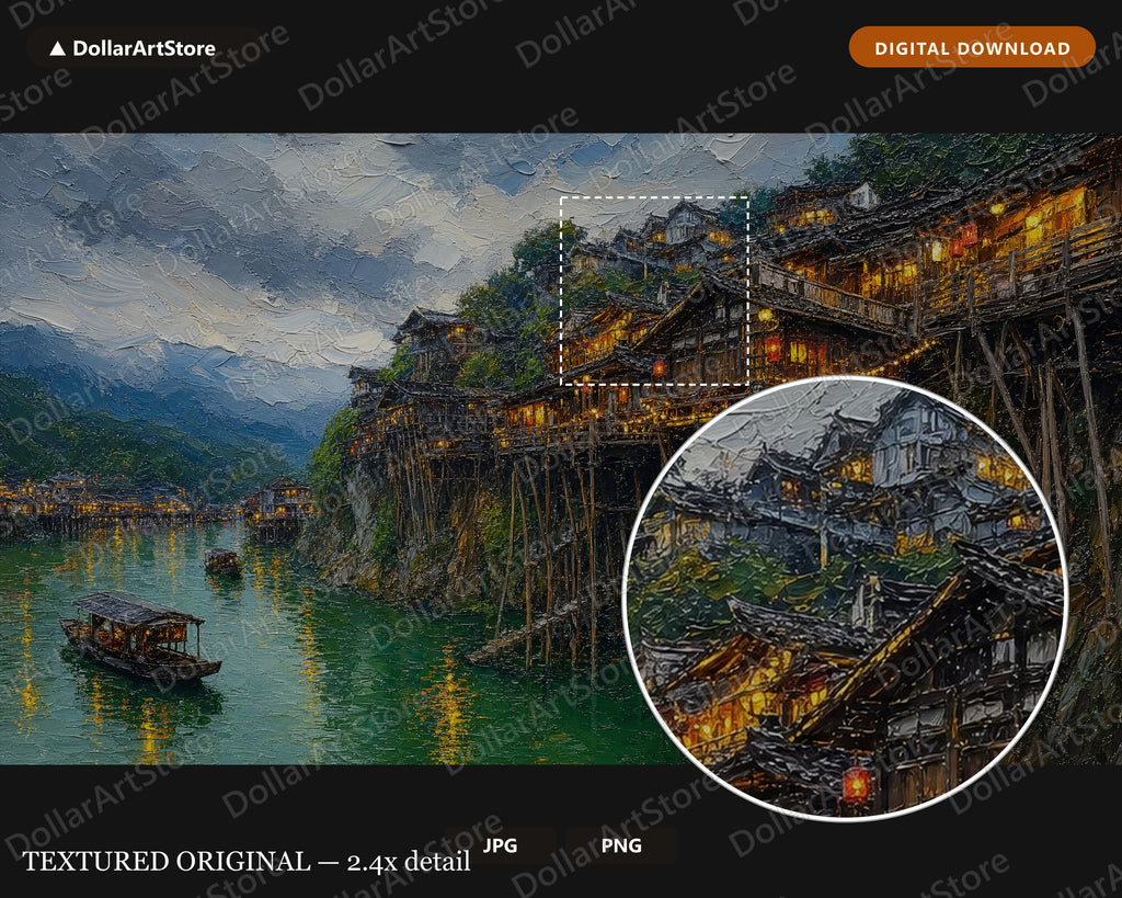Cozy East Asia Village Frame TV Art, Samsung Frame TV Digital Download, 4K Textured Scenery