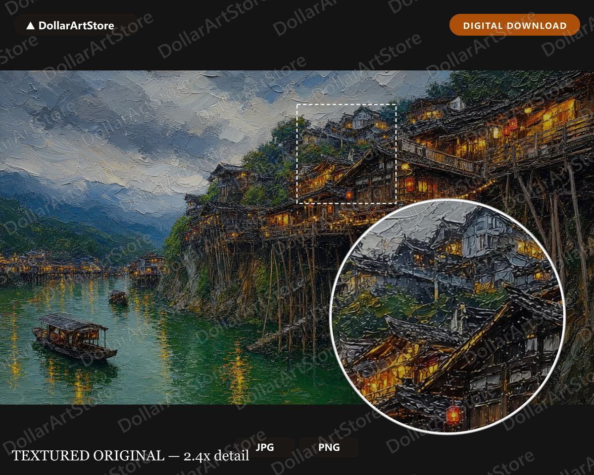Cozy East Asia Village Frame TV Art, Samsung Frame TV Digital Download, 4K Textured Scenery