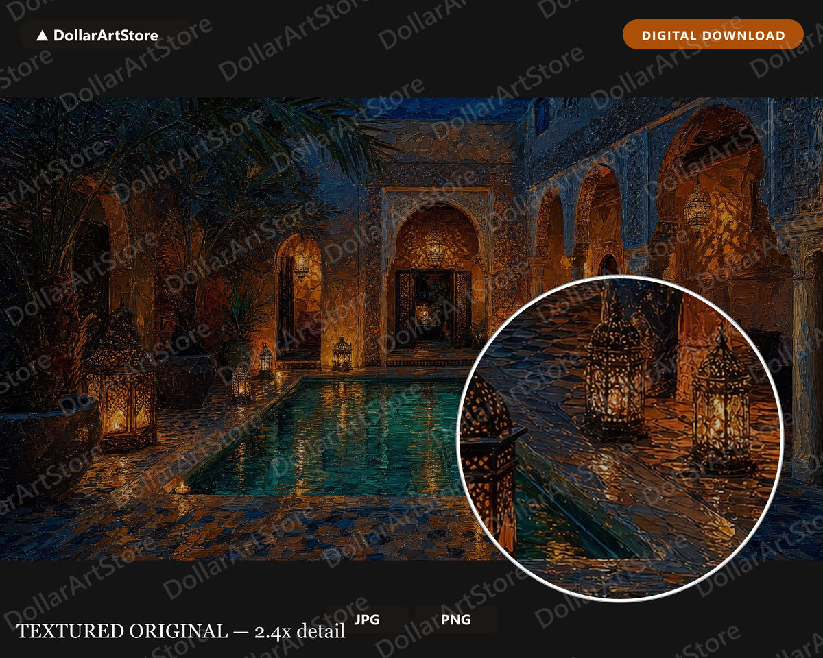 Cozy Moroccan Riad Courtyard Frame TV Art, Candlelit 4K Samsung Frame TV Digital Download