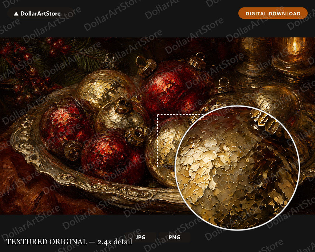 Cozy Christmas Frame TV Art, Red Gold Ornaments Evergreen Holiday Decor