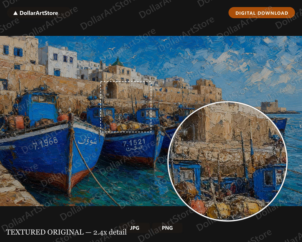 Cozy Coastal Frame TV Art, Blue Fishing Boats Scenery, Samsung Frame TV Digital Download 4K