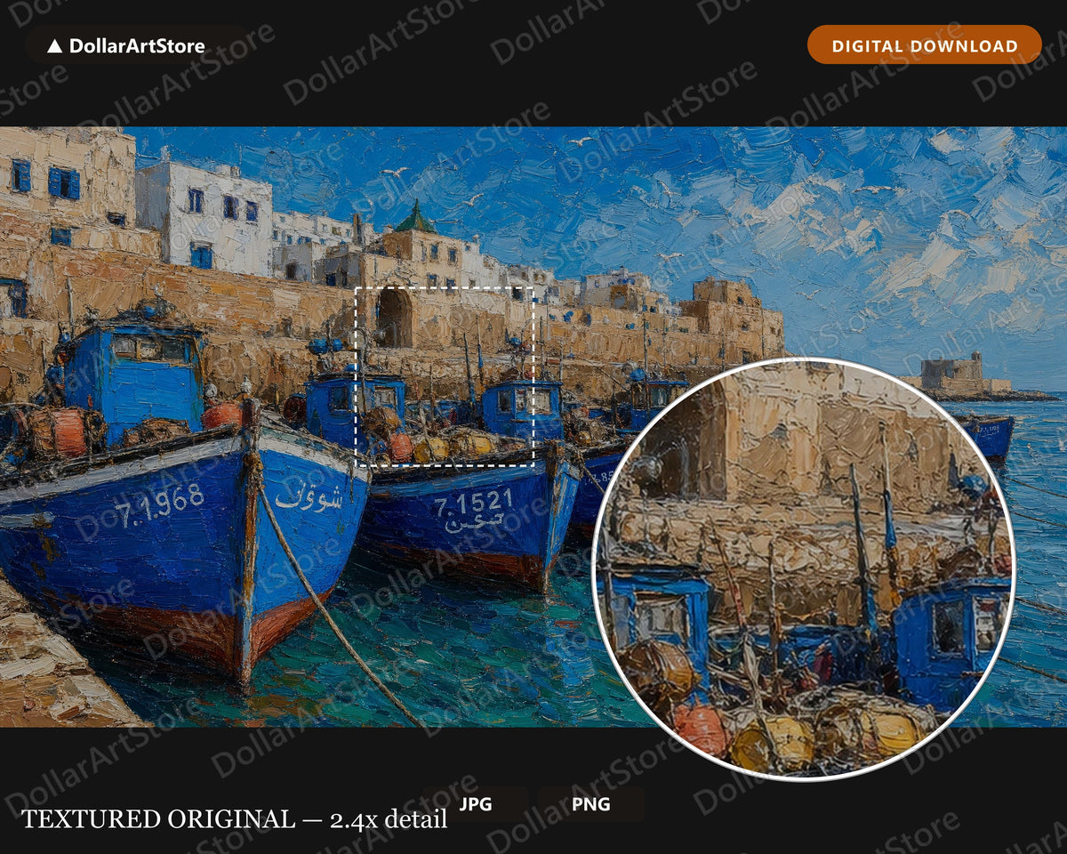 Cozy Coastal Frame TV Art, Blue Fishing Boats Scenery, Samsung Frame TV Digital Download 4K
