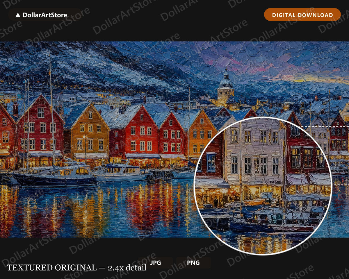 Cozy Scandinavian Harbor Frame TV Art, Winter Coastal Townscape, 4K Samsung TV Digital Download