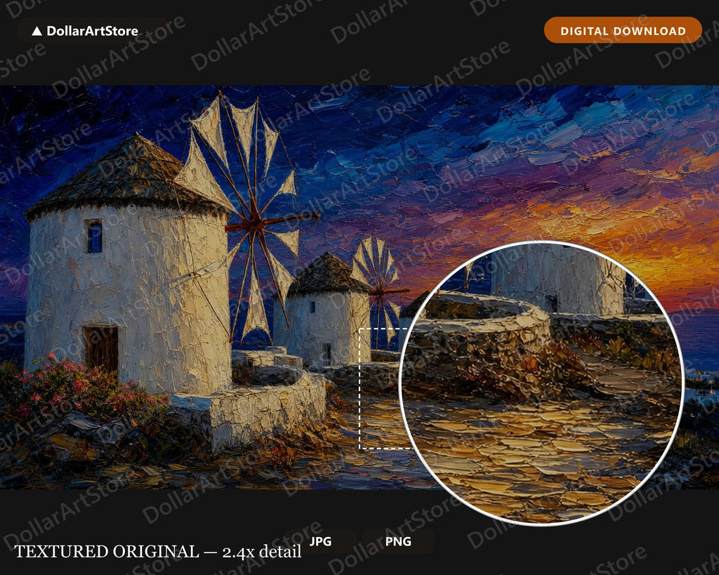 Cozy Mykonos Windmills Frame TV Art, Samsung Frame Digital Download, 4K Sunset Scenery