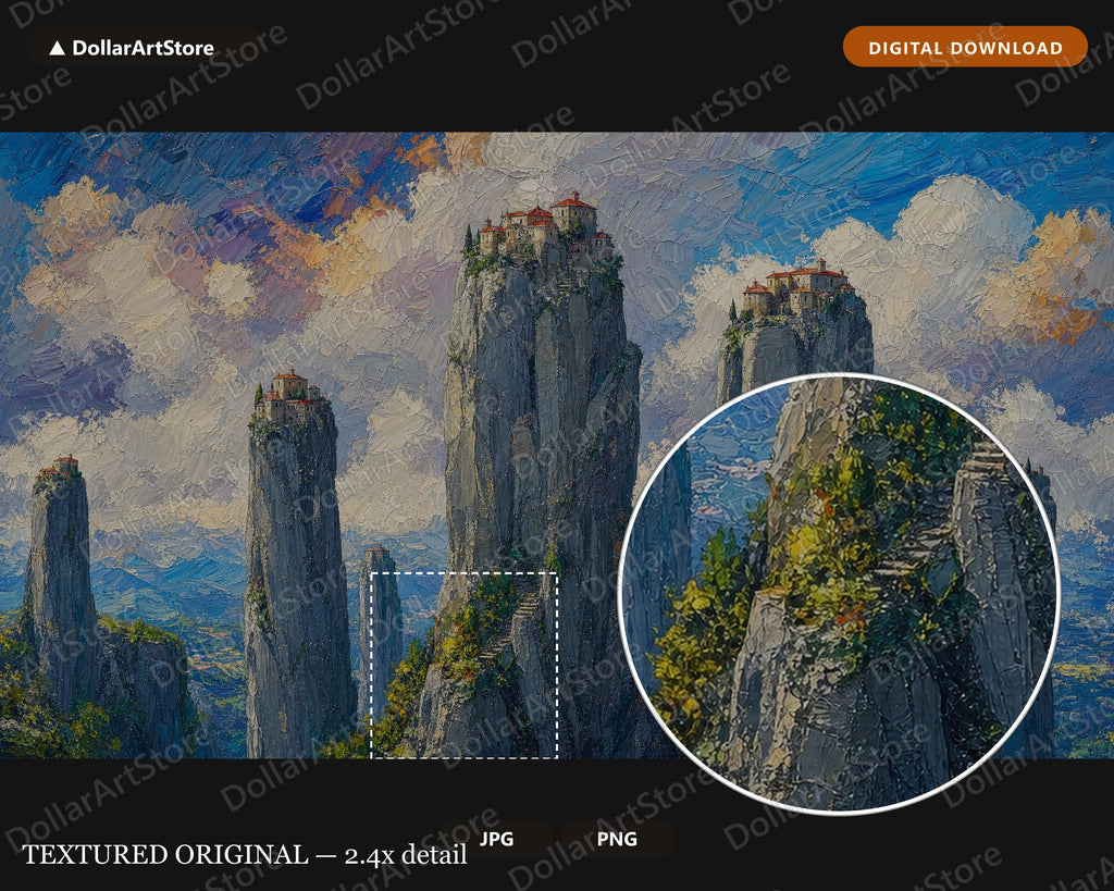 Cozy Textured Landscape Frame TV Art, Meteora Monasteries Greece, Samsung Frame TV Digital Download 4K
