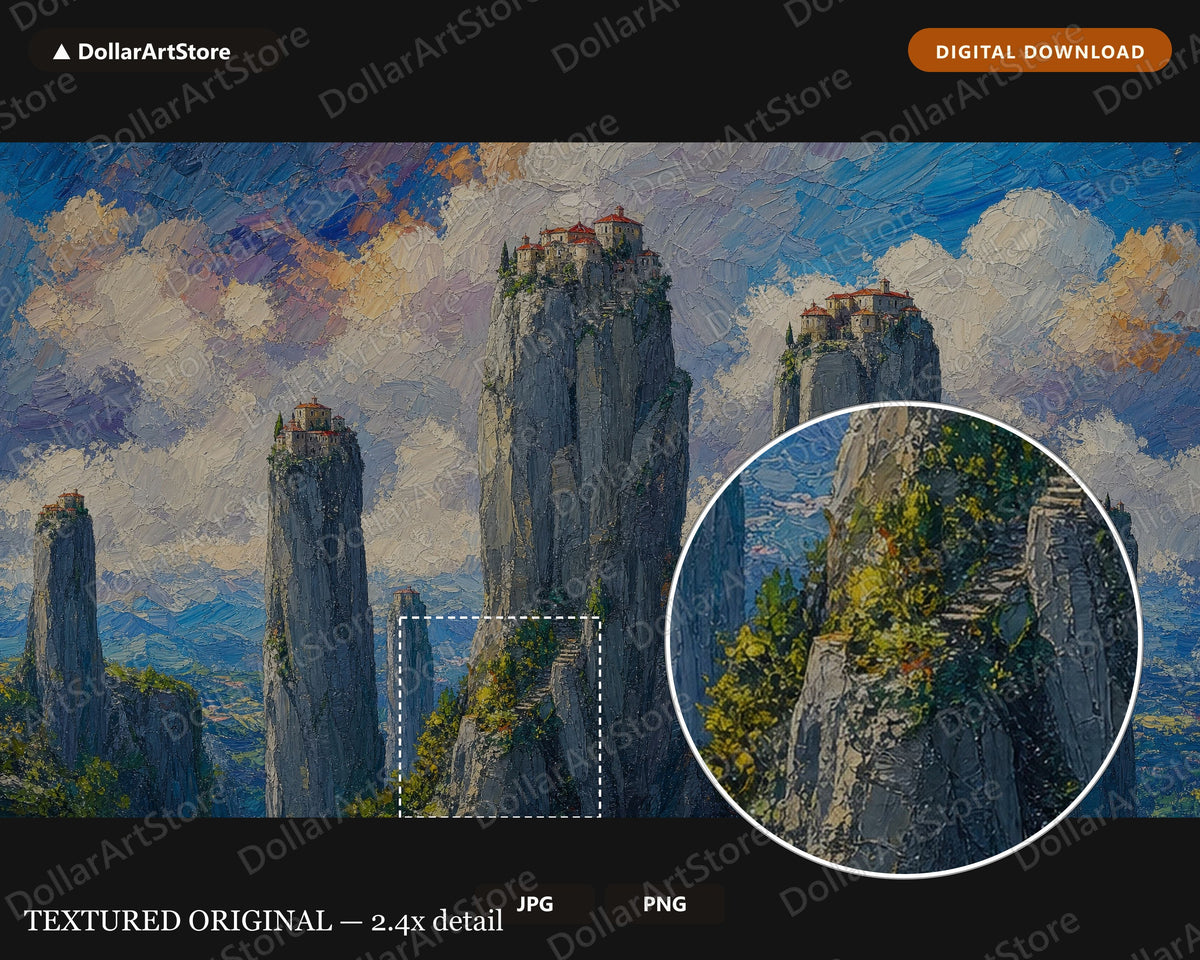 Cozy Textured Landscape Frame TV Art, Meteora Monasteries Greece, Samsung Frame TV Digital Download 4K