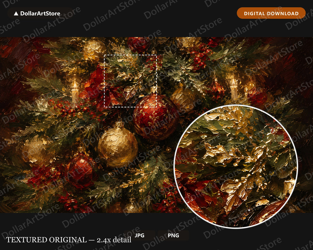 Cozy Holiday Samsung Frame TV Art, Red Gold Green Evergreen Christmas Garland