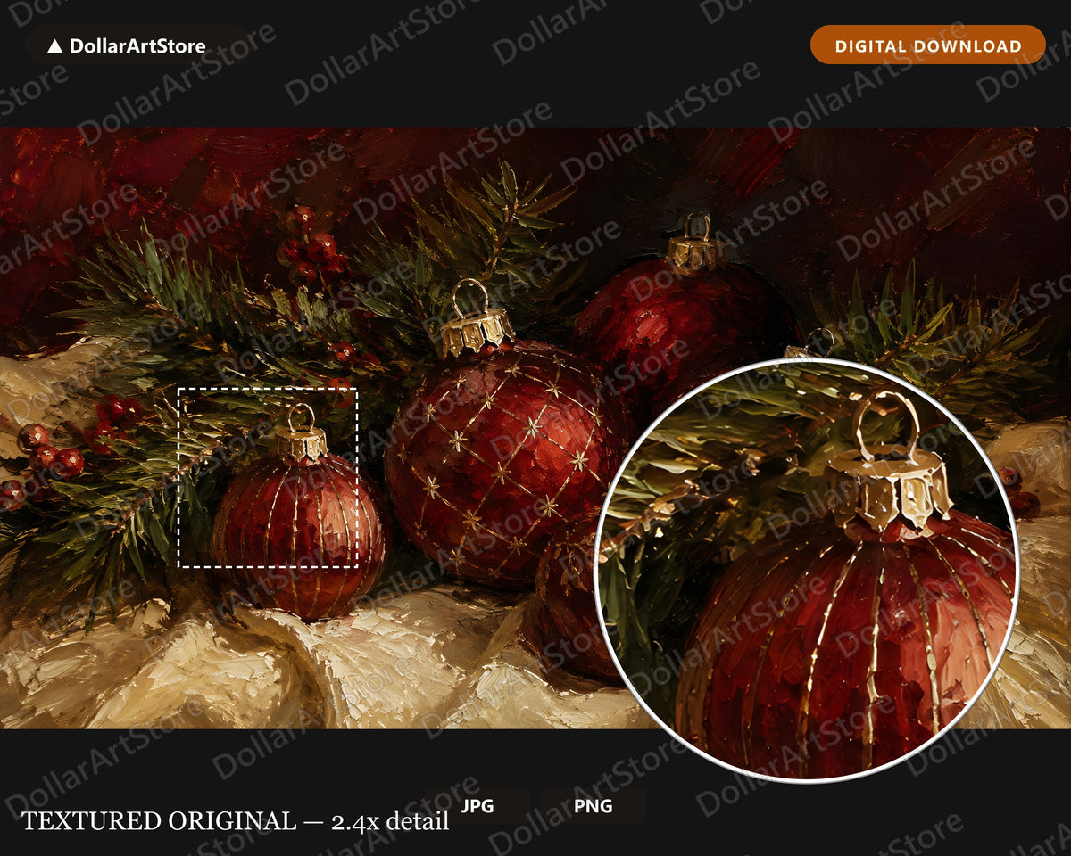 Cozy Holiday Christmas Frame TV Art, Red Gold Ornaments, Samsung Frame TV 4K Digital Download