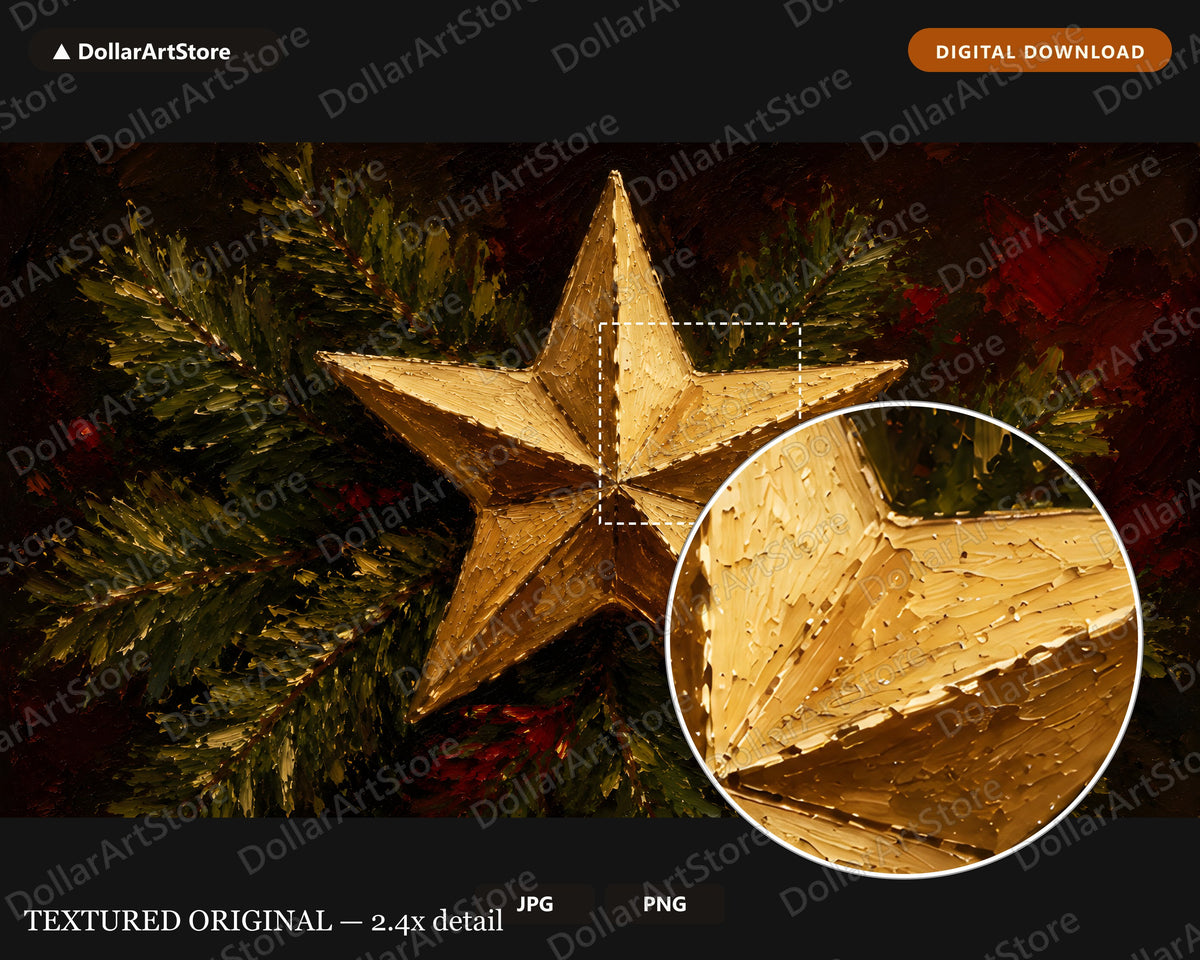 Cozy Christmas Frame TV Art, Gold Star & Evergreen, Samsung TV Digital Download 4K