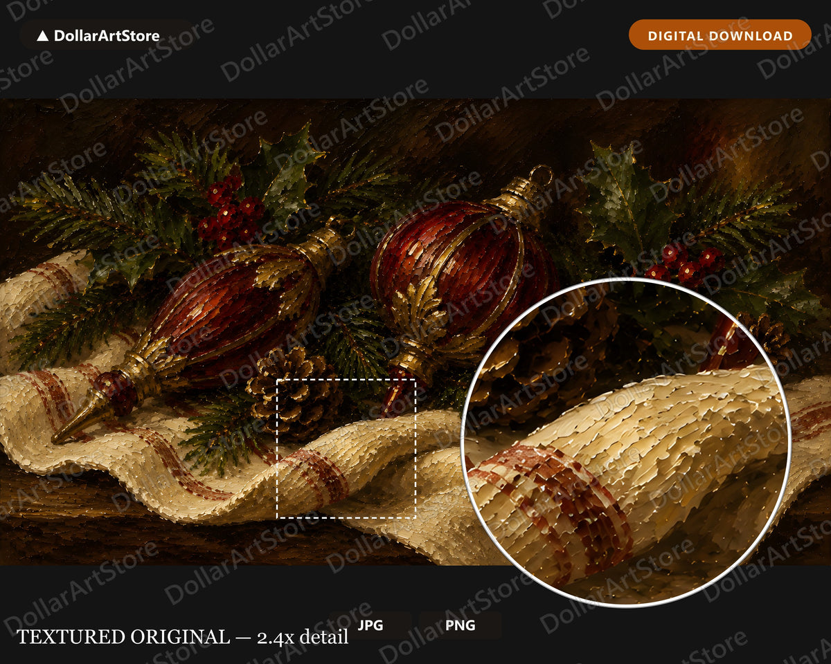 Cozy Christmas Frame TV Art, Red Gold Ornaments Samsung Frame Digital Download 4K