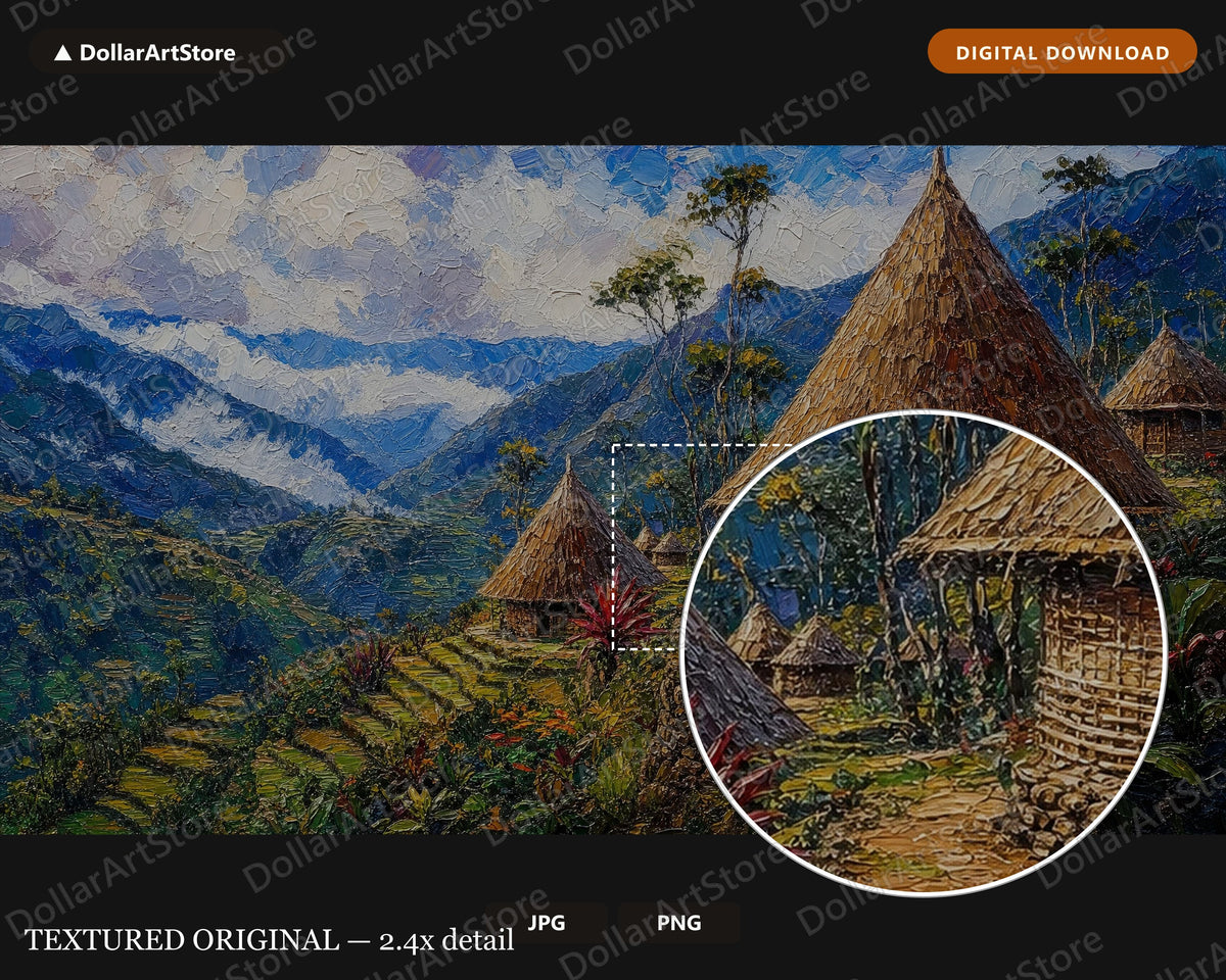 Cozy Highland Village Frame TV Art, Papua New Guinea Landscape, Samsung Frame TV 4K Digital Download