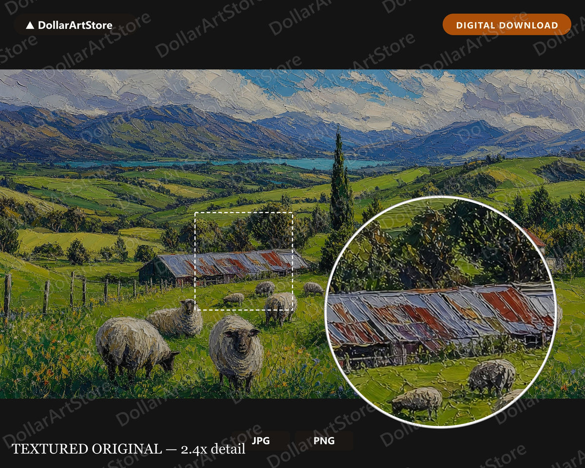 Cozy Pastoral Frame TV Art, Rolling Hills Sheep Farm Samsung Frame TV Download, 4K Textured Scenery Art