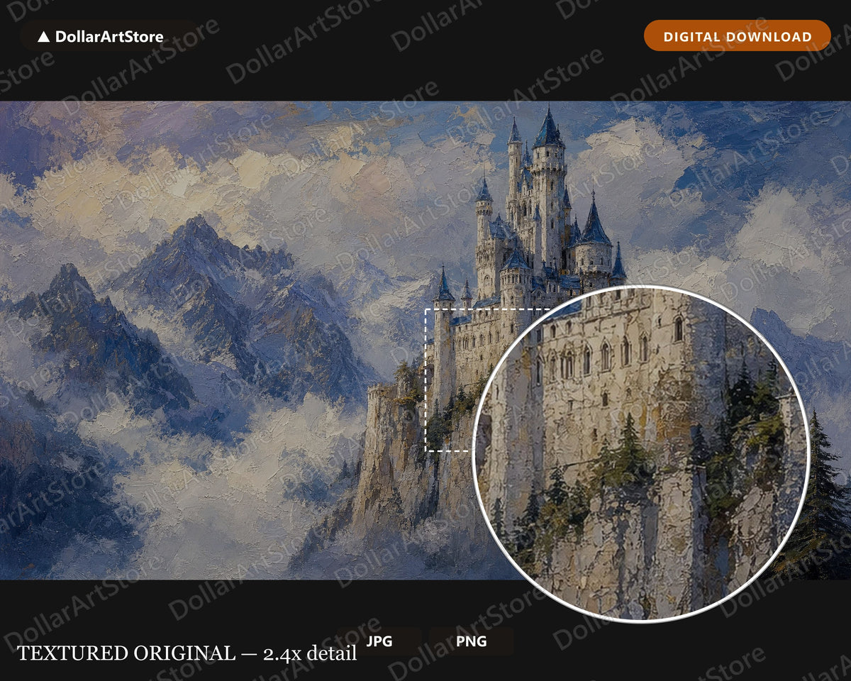 Cozy Castle Landscape Frame TV Art, Samsung Frame TV Digital Download, 4K Textured Mountain Scenery