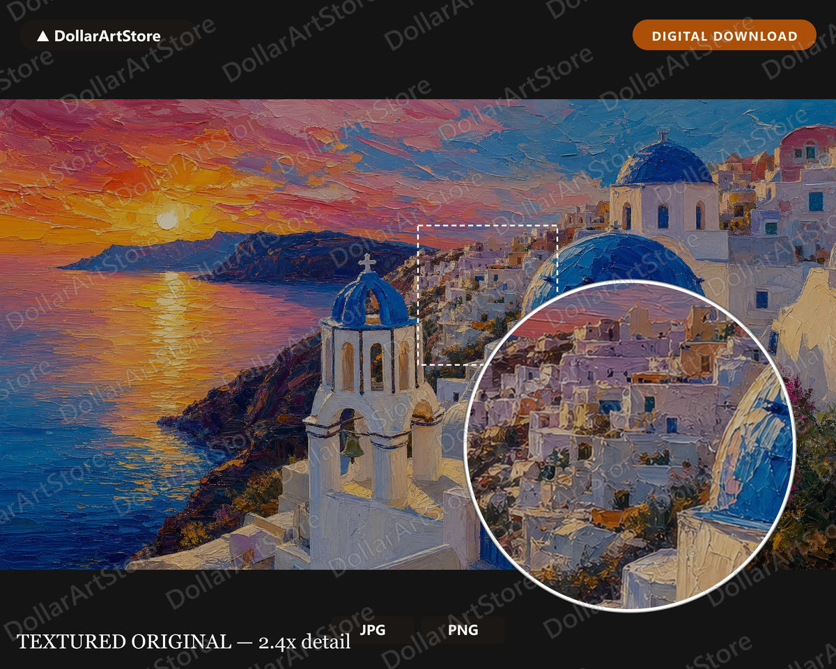 Cozy Santorini Sunset Frame TV Art, Samsung Frame TV Digital Download, 4K Textured Greek Island Scenery