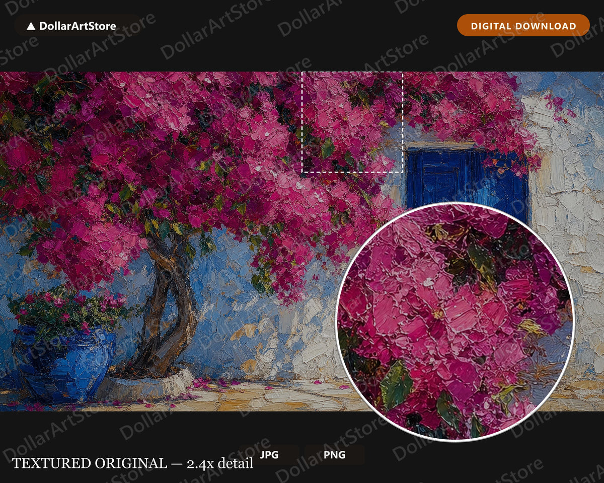 Cozy Mediterranean Bougainvillea Frame TV Art, Samsung Frame Digital Download, 4K Textured Coastal Screensaver