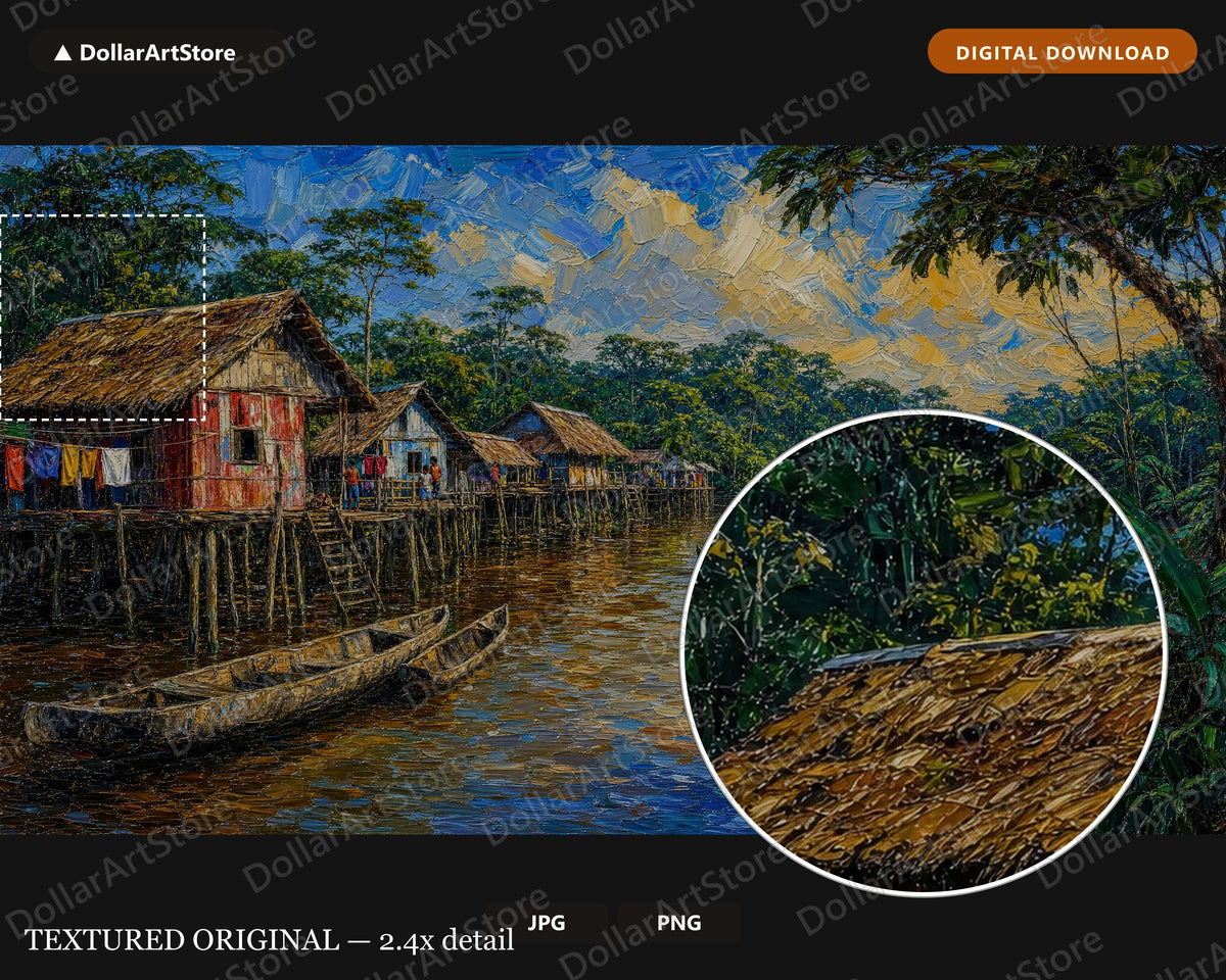 Cozy Tropical River Village Frame TV Art, Samsung Frame TV Digital Download, 4K Textured Scenery