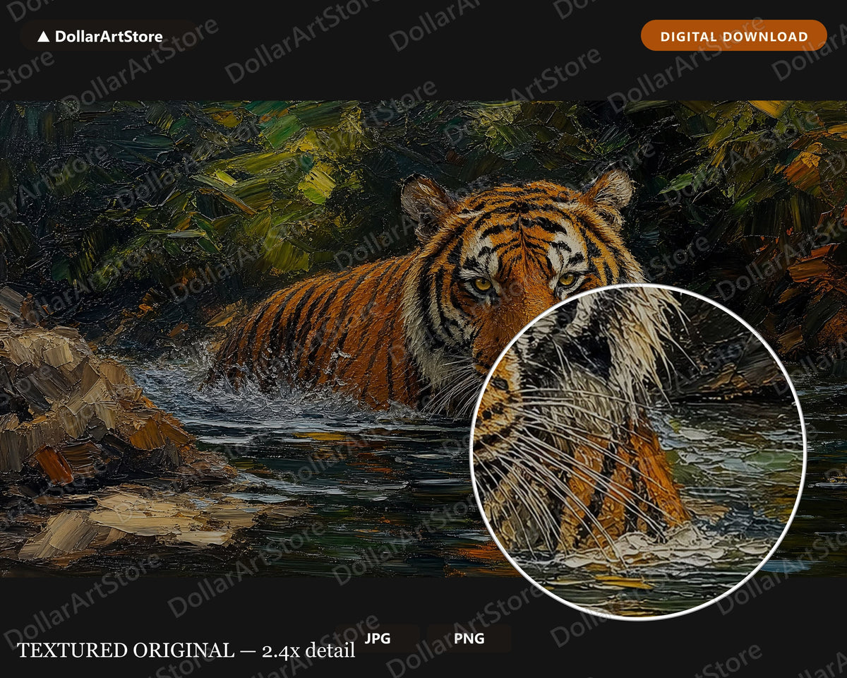 Cozy Tiger in Water Frame TV Art, Samsung Frame Digital Download, 4K Textured Wildlife Screensaver