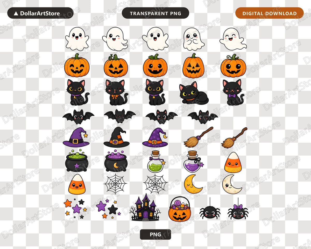 Halloween Clipart PNG Bundle, Cute Ghost Pumpkin Cat Witch Hat, Digital Download