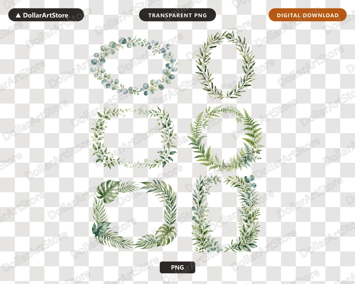Botanical Frames Clipart PNG - 6 Watercolor Leaf Borders, Digital Download
