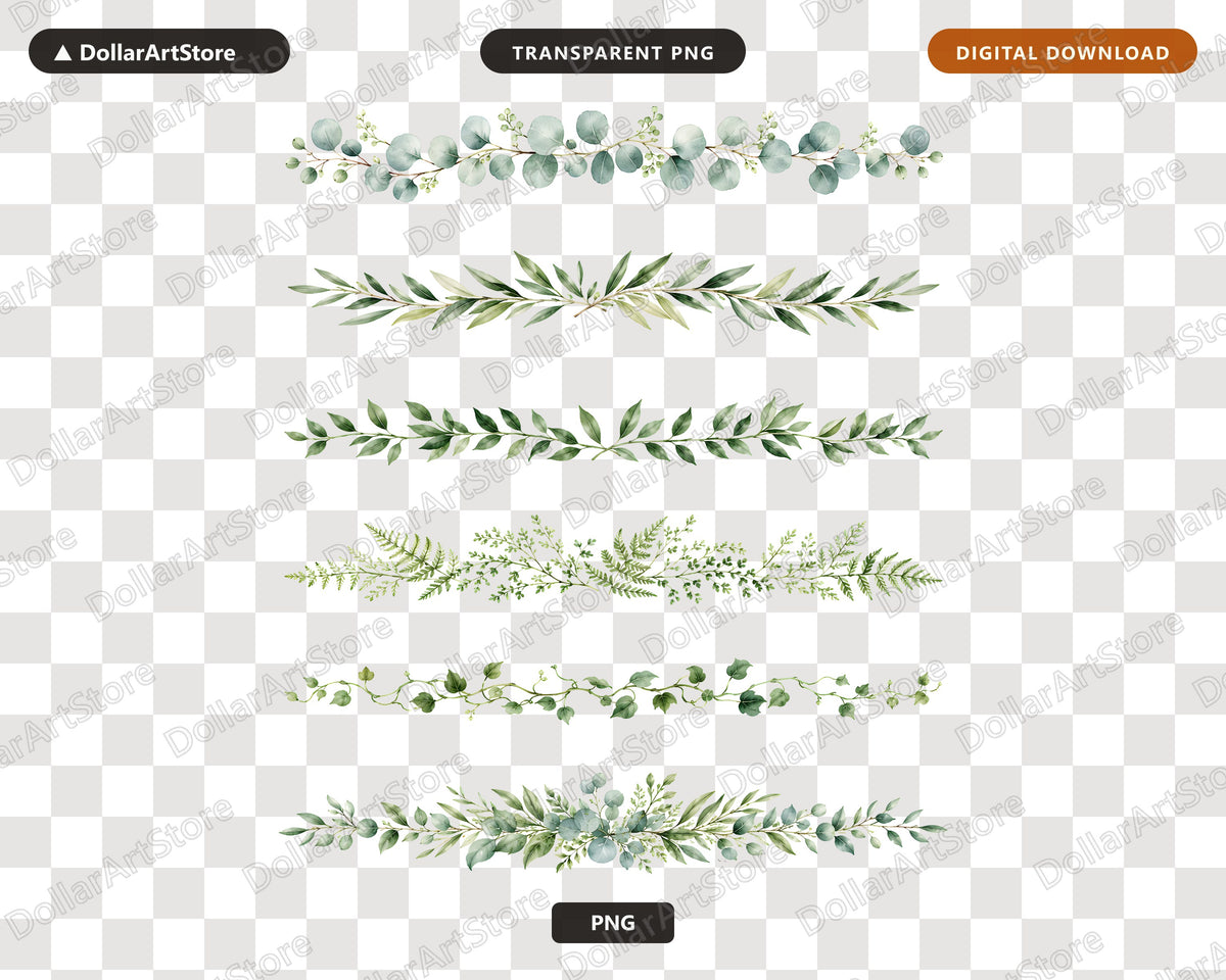 Watercolor Horizontal Divider Clipart PNG, Botanical Leaf Border Line Art, Digital Download