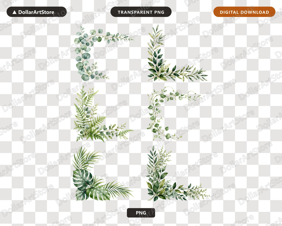 Watercolor Greenery Clipart PNG, Botanical Borders & Leaf Clip Art, Digital Download