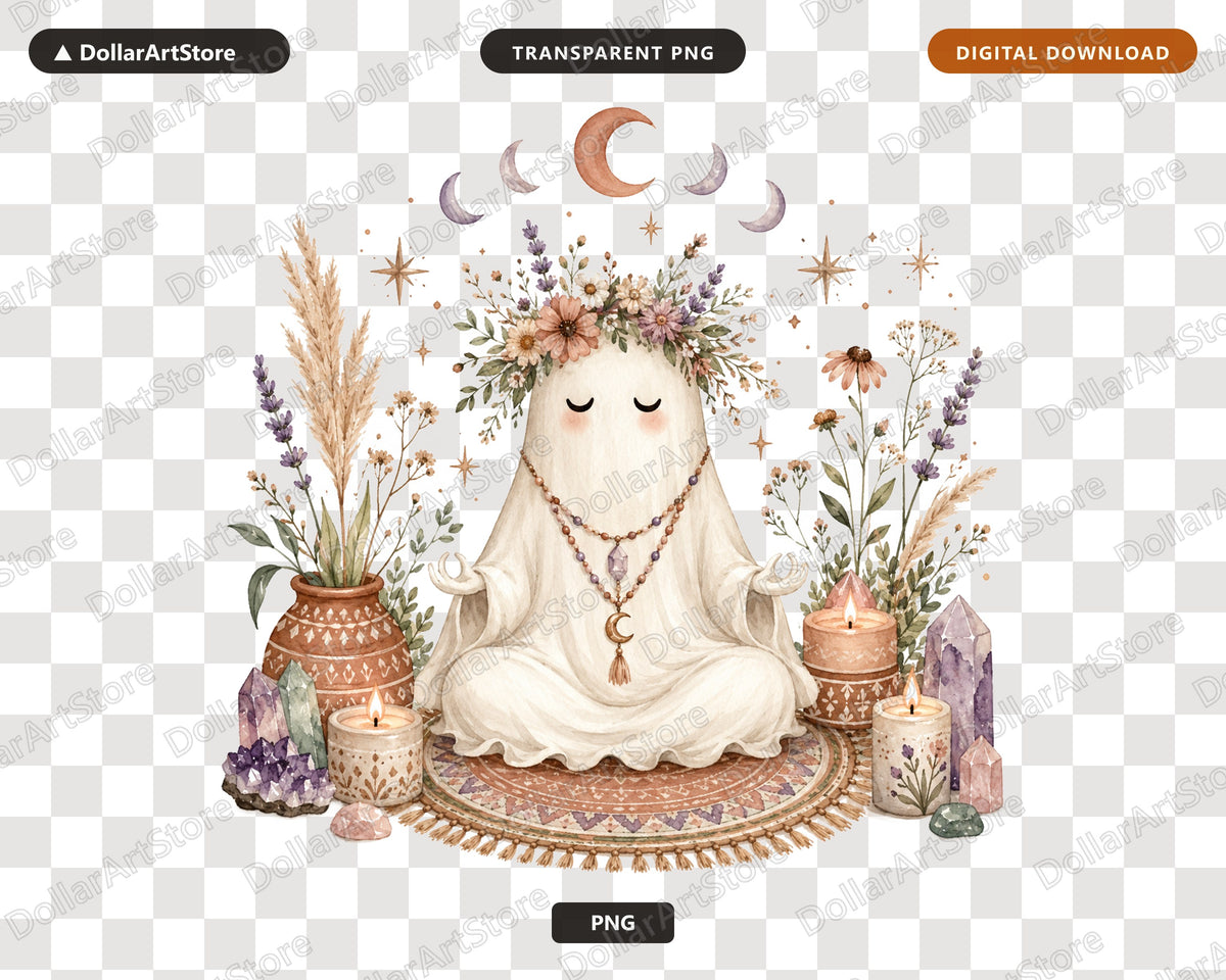 Boho Spiritual Ghost Clipart PNG, Watercolor Mystical Clip Art, Digital Download