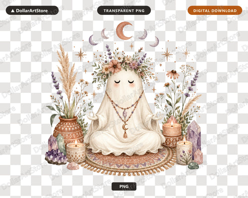 Boho Spiritual Ghost Clipart PNG, Watercolor Mystical Clip Art, Digital Download