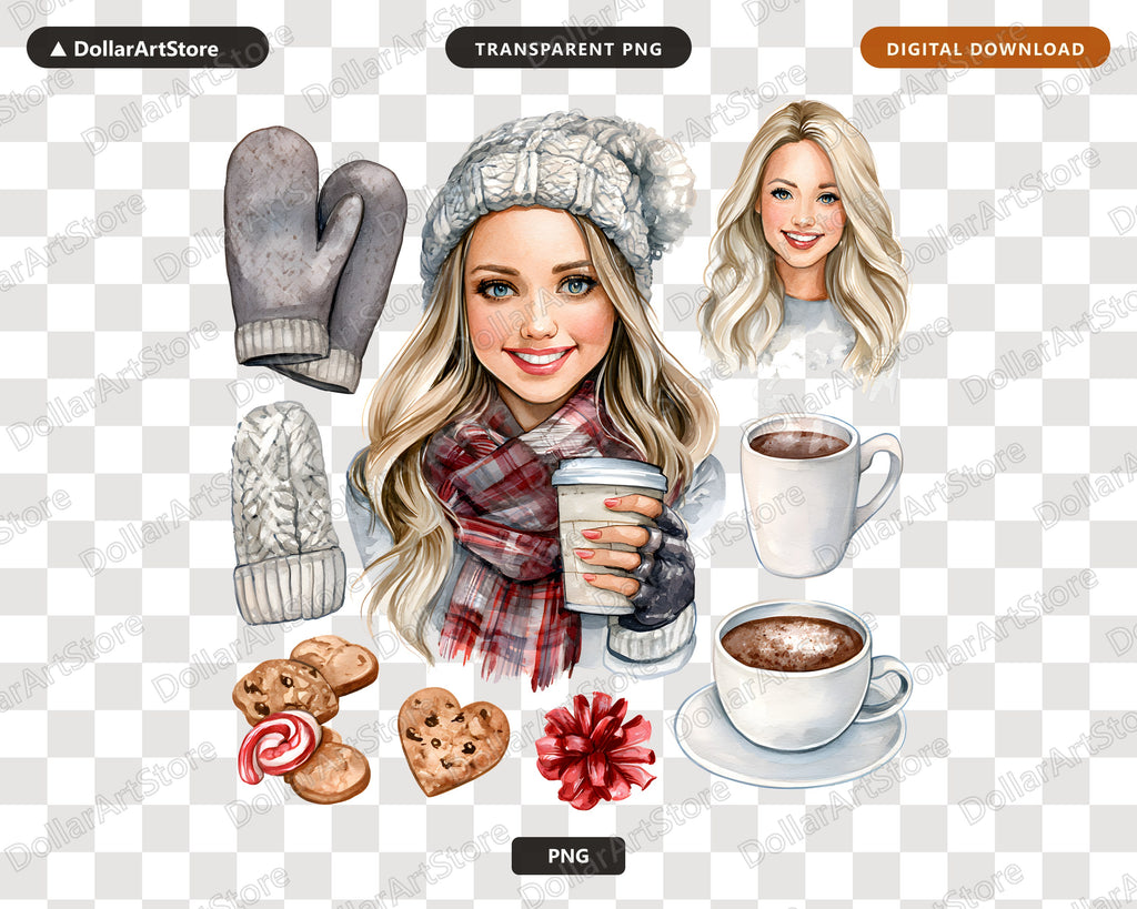 Winter Woman Clipart PNG, Cozy Fashion Clip Art, Hot Chocolate Accessories Digital Download