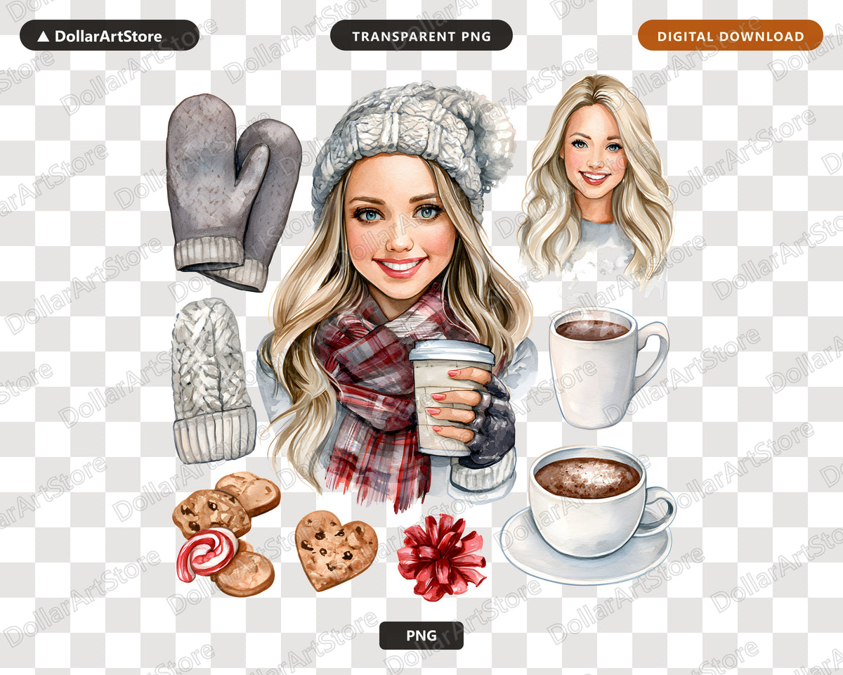 Winter Woman Clipart PNG, Cozy Fashion Clip Art, Hot Chocolate Accessories Digital Download