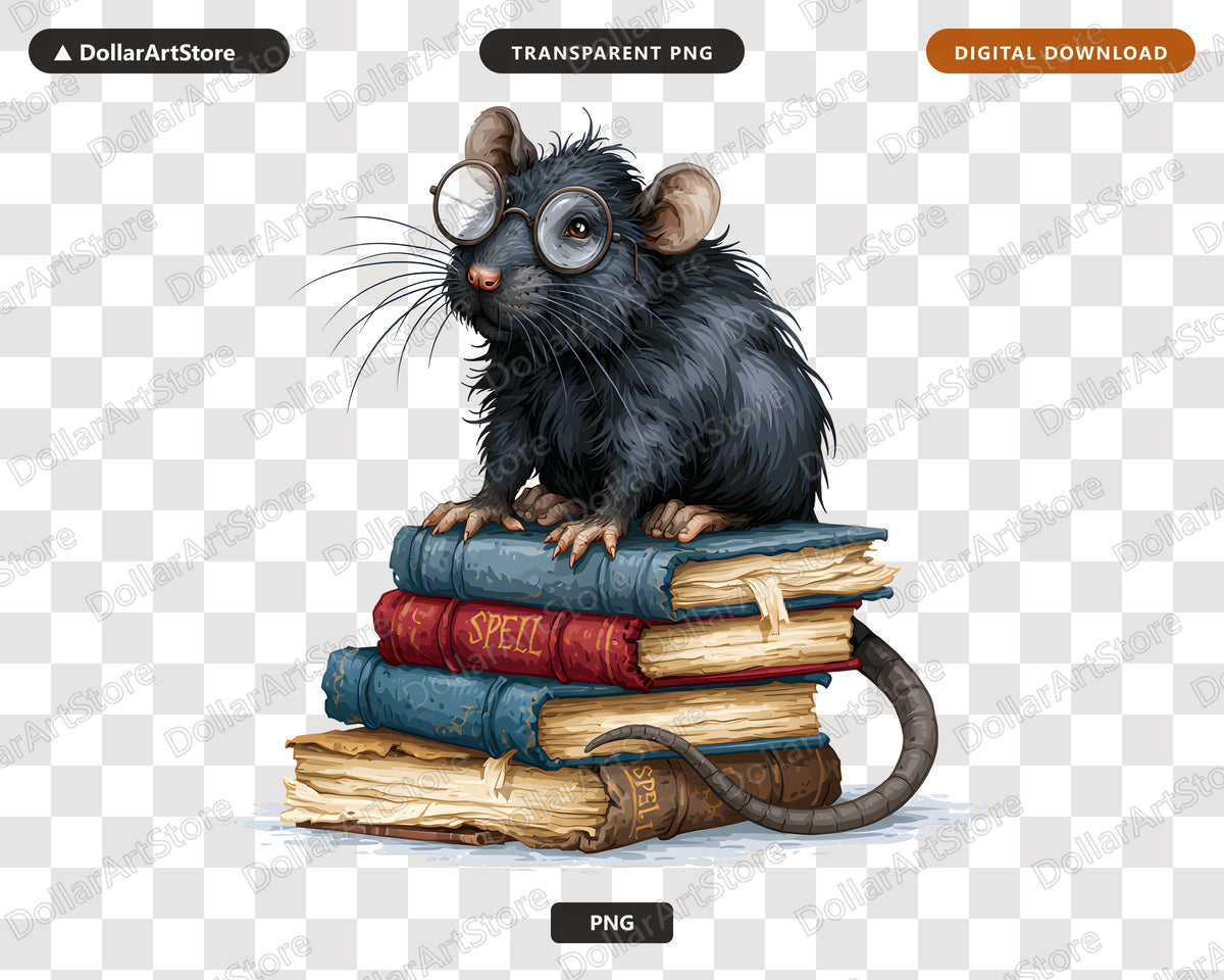 Cute Halloween Rat Clipart PNG, Wizard Spell Books Clip Art, Digital Download