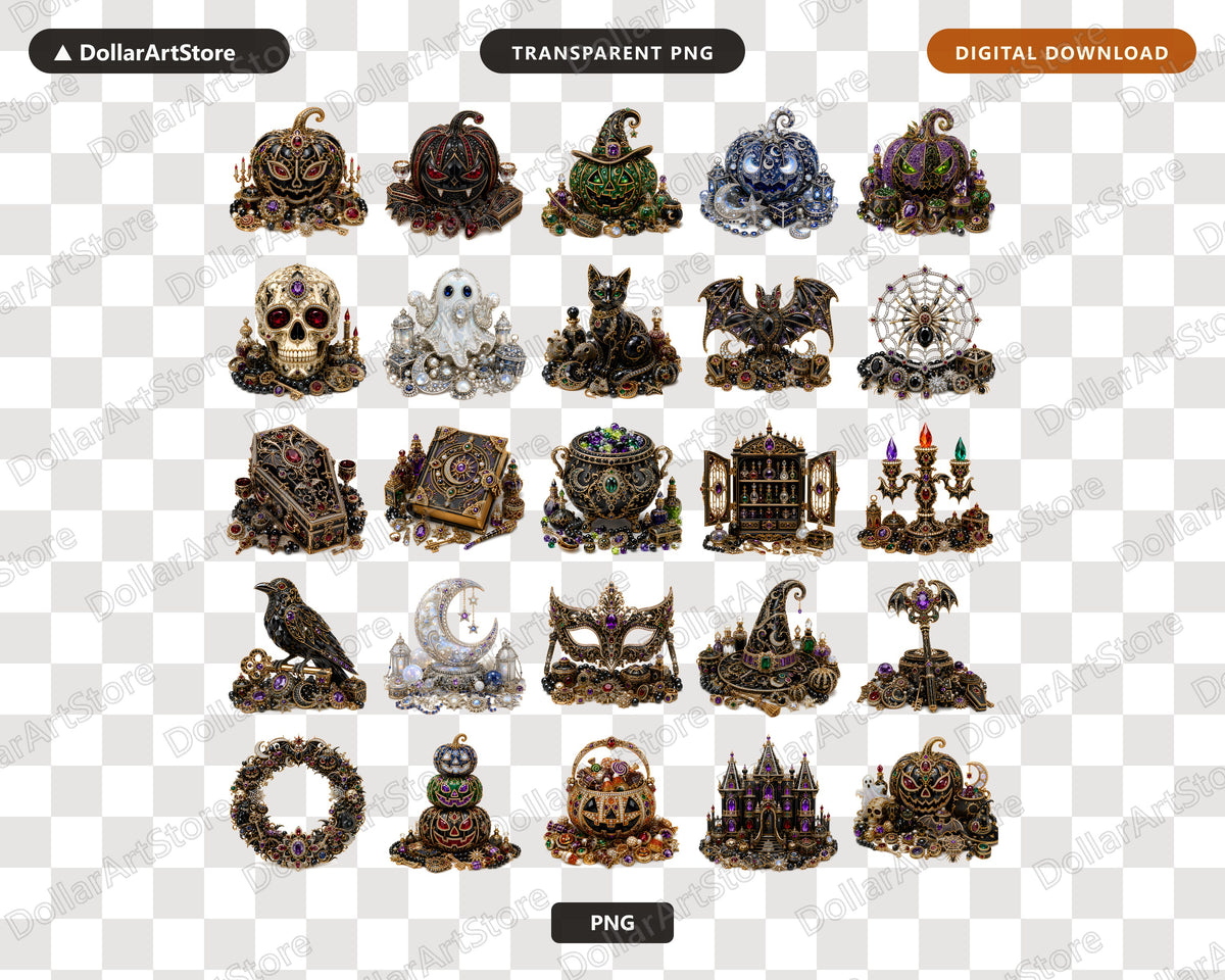 Steampunk Halloween Clipart PNG Bundle, Gothic Ornate Clipart, Digital Download