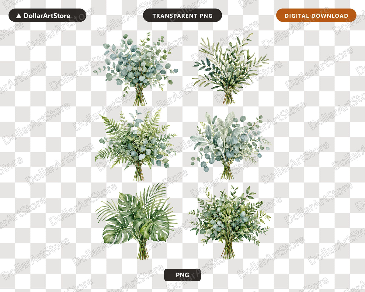 Greenery Bouquets Clipart PNG, Watercolor Botanical Clip Art, Digital Download