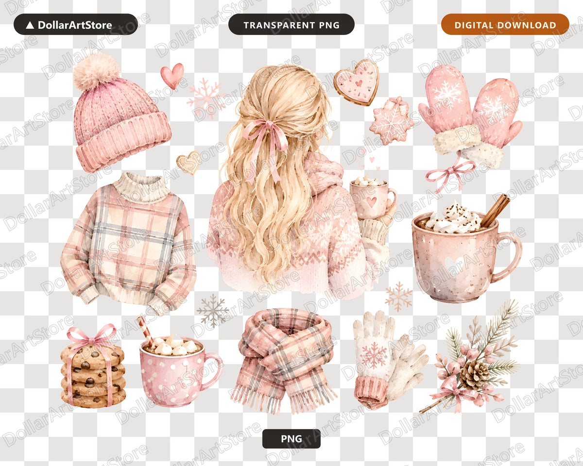 Winter Girl Clipart PNG, Cozy Holiday Clip Art, Watercolor Christmas Graphics Digital Download