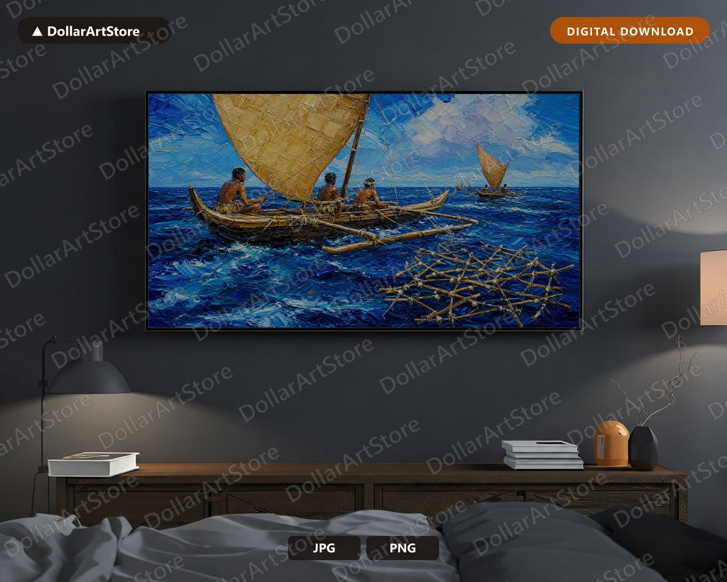 Cozy Ocean Outrigger Frame TV Art, Samsung Frame TV Digital Download, 4K Scenic Water Art