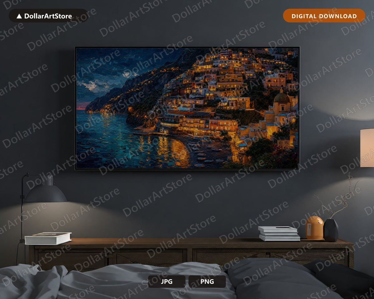 Cozy Amalfi Dusk Frame TV Art, Samsung Frame TV Digital Download, 4K Textured Coastal Scenery