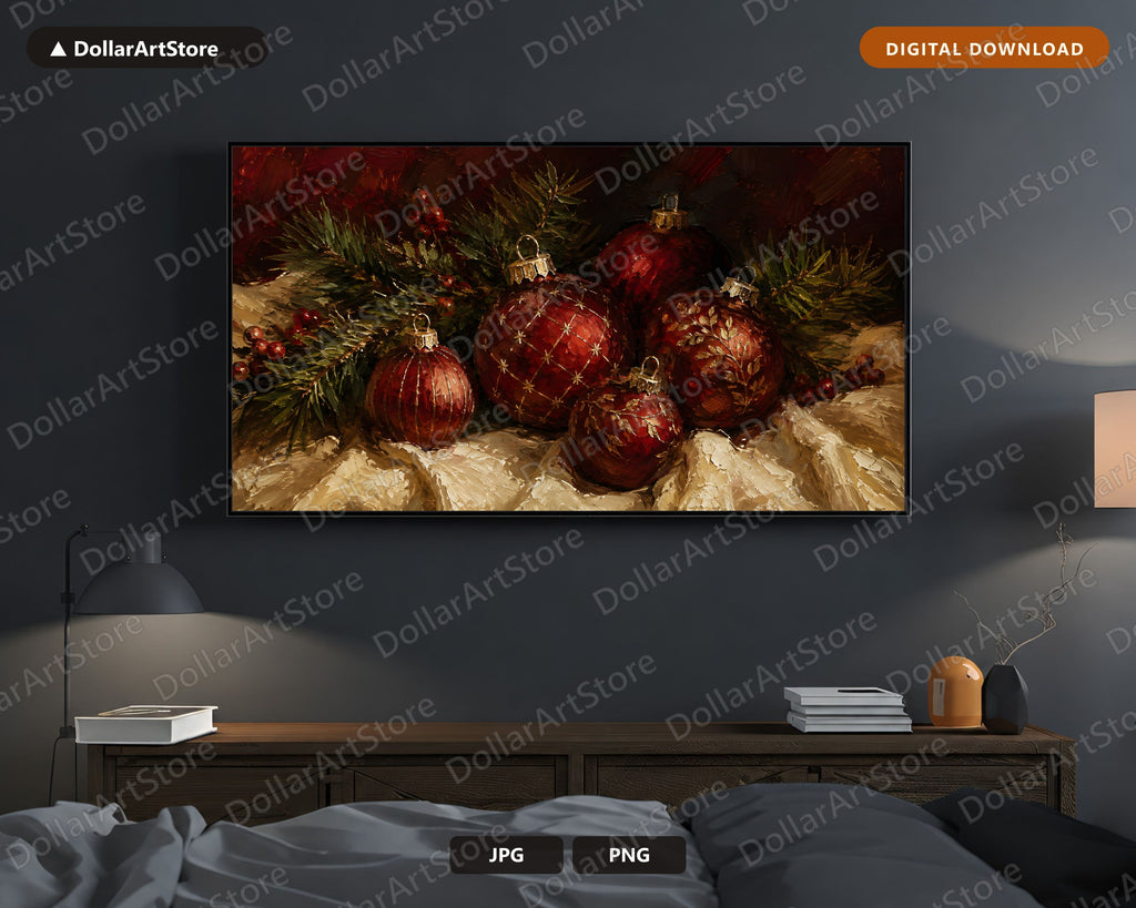 Cozy Holiday Christmas Frame TV Art, Red Gold Ornaments, Samsung Frame TV 4K Digital Download