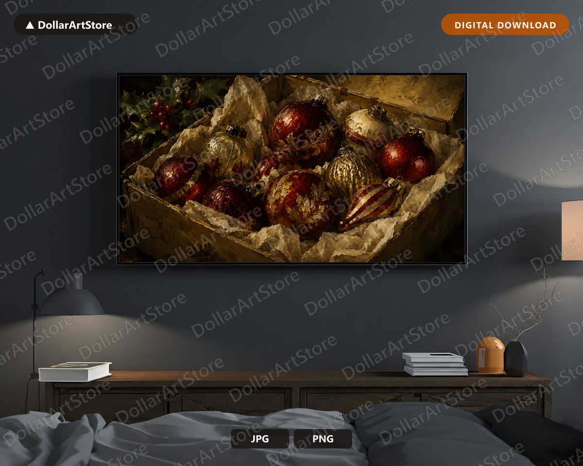 Cozy Christmas Frame TV Art, Red Gold Ornaments Rustic Holiday Screensaver, 4K Samsung Frame TV Digital Download