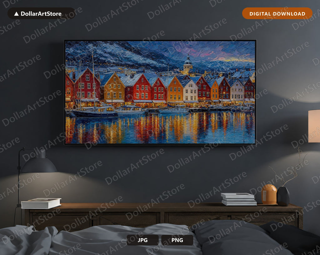 Cozy Scandinavian Harbor Frame TV Art, Winter Coastal Townscape, 4K Samsung TV Digital Download