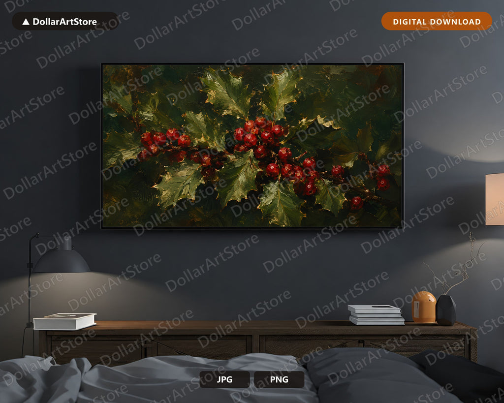 Cozy Holly Berries Frame TV Art, Christmas Textured Botanical Samsung Frame Digital Download 4K