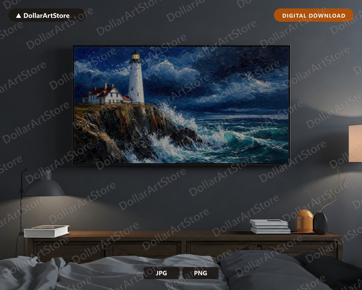 Cozy Lighthouse Frame TV Art, Samsung Frame TV Digital Download, 4K Textured Coastal Scenery