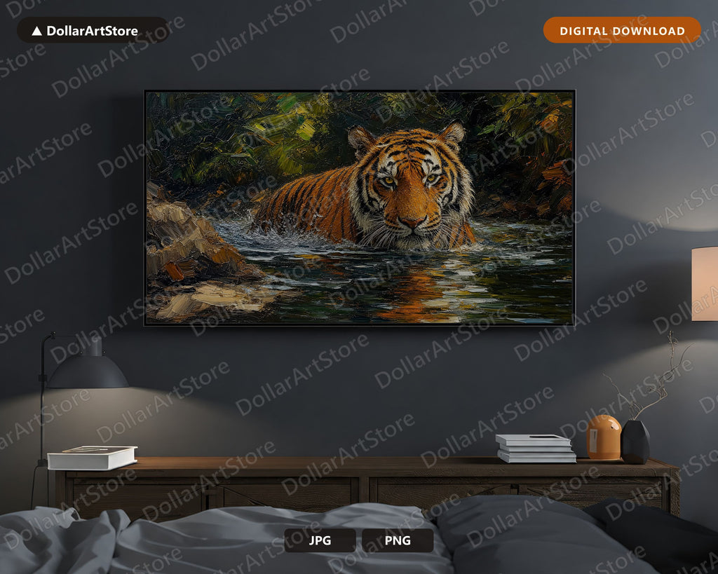 Cozy Tiger in Water Frame TV Art, Samsung Frame Digital Download, 4K Textured Wildlife Screensaver