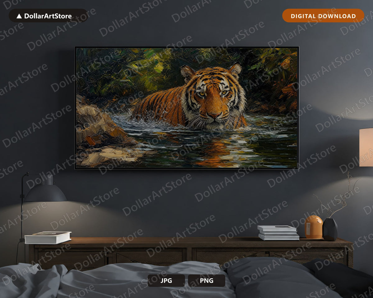 Cozy Tiger in Water Frame TV Art, Samsung Frame Digital Download, 4K Textured Wildlife Screensaver