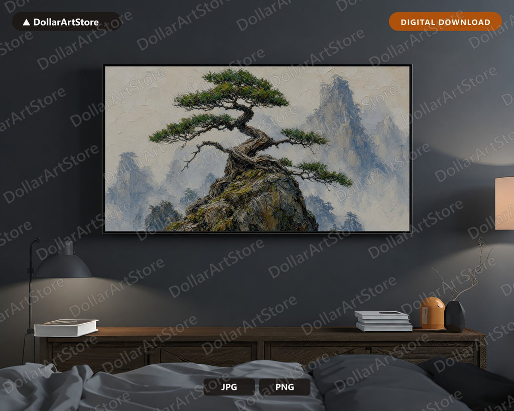 Cozy East Asian Bonsai Frame TV Art, Samsung Frame TV Digital Download, 4K Textured Mountain Scenery