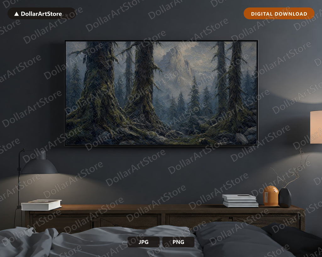 Cozy Dark Forest Frame TV Art, Samsung Frame TV Digital Download, Moody Mountain Scenery 4K