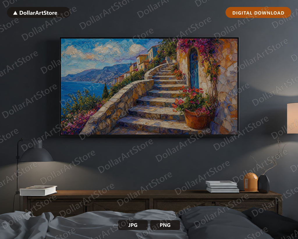 Cozy Mediterranean Coastal Frame TV Art, Samsung Frame TV Digital Download, 4K Textured Screensaver