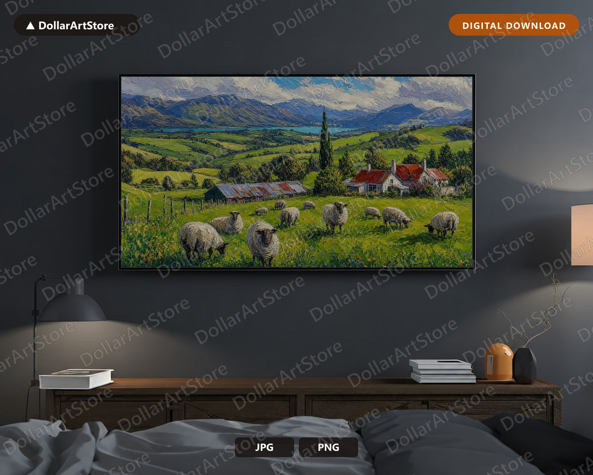 Cozy Pastoral Frame TV Art, Rolling Hills Sheep Farm Samsung Frame TV Download, 4K Textured Scenery Art