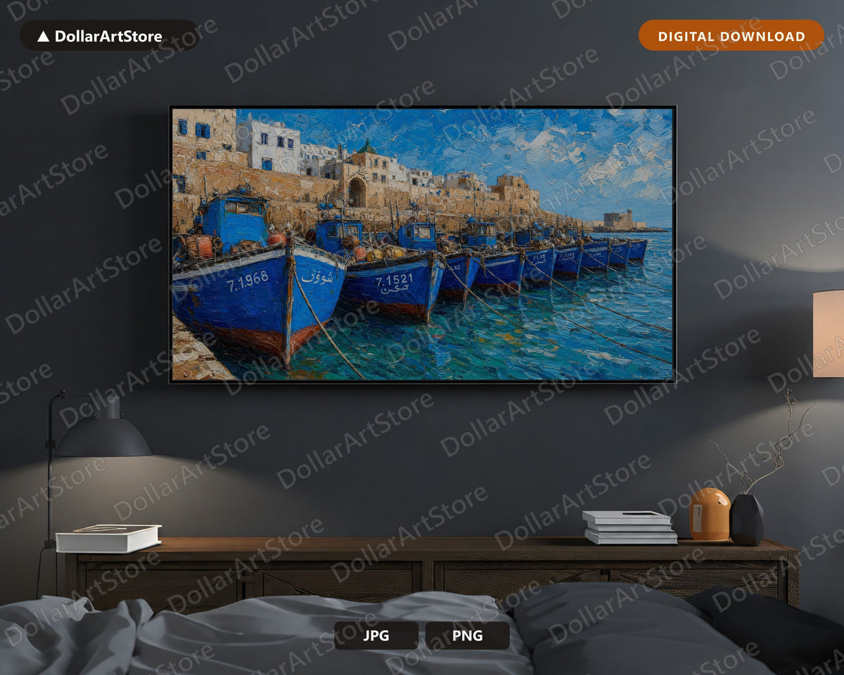 Cozy Coastal Frame TV Art, Blue Fishing Boats Scenery, Samsung Frame TV Digital Download 4K