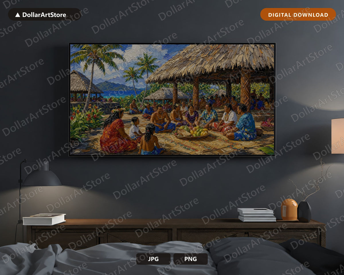 Tropical Fale Village Frame TV Art, Samsung Frame TV Digital Download, 4K Textured Scenery