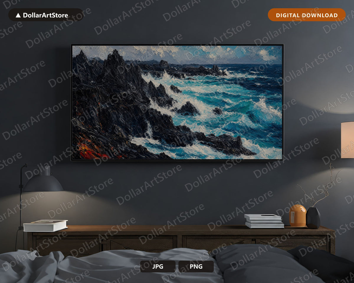 Moody Coastal Scenery Frame TV Art, Samsung Frame TV Digital Download, 4K Textured Ocean Landscape