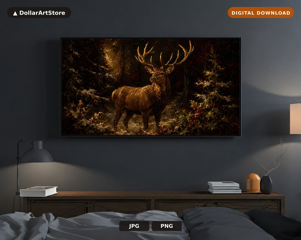 Dark Moody Stag Frame TV Art, Samsung Frame TV Digital Download, Rustic Deer Screensaver 4K
